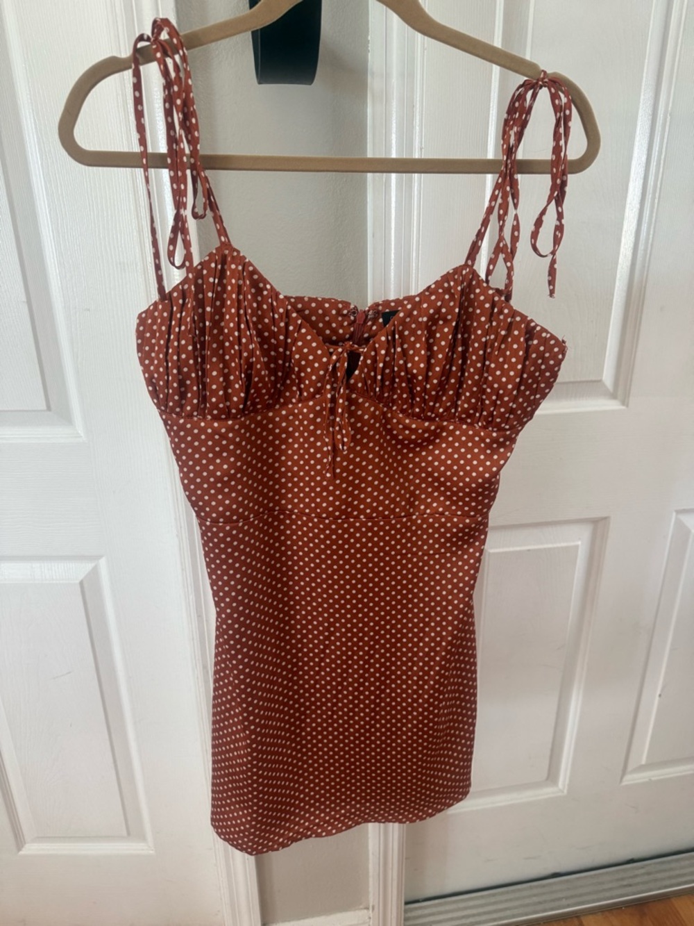 Cotton Candy Rust with White Polka Dot Tie-Shoulder Mini Dress